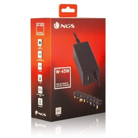 Cargador de Portátil NGS W-45W/ 1xUSB/ 45W/ Automático/ 8 Conectores/ Voltaje 19-20V