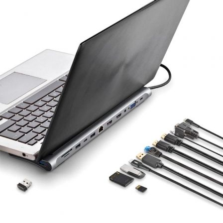 Docking USB Tipo-C NGS WonderDock12/ 3xUSB/ 2xHDMI 4K/ 1xVGA/ 1xRJ45/ 1xLector de Tarjetas/ 1xJack 3.5/ 1xUSB Tipo-C PD/ Gris