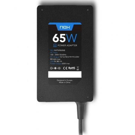 Cargador de Portátil Nox 65W/ 65W/ 1xUSB/ Automático/ 10 Conectores/ Voltaje 15-20V