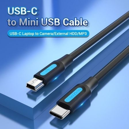 Cable USB 2.0 Tipo-C Vention COWBF/ USB Tipo-C Macho - MiniUSB Macho/ 480Mbps/ 1m/ Negro