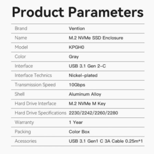 Caja Externa para Disco SSD M.2 NVMe Vention USB Tipo-C  KPGH0/ USB 3.1/ Sin tornillos