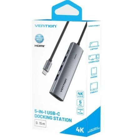 Docking USB Tipo-C Vention TGGHB/ 3xUSB/ 1xHDMI 4K/ 1xUSB Tipo-C PD/ Gris