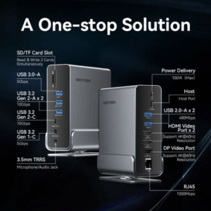 Docking USB Tipo-C Vention TPUH0/ 2xHDMI 4K/ 1xDisplayPort/ 3xUSB Tipo-C/ 5xUSB/ 1xRJ45/ 1xLector de Tarjetas/ 1xJack 3.5/ 1xUSB Tipo-C PD/ Gris
