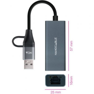 Adaptador USB Macho + USB Tipo-C Macho - RJ45 Nanocable 10.03.0411/ 1000Mbps