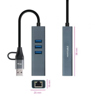 Hub USB + USB Tipo-C 3.0 Nanocable 10.03.0412/ 3xUSB/ 1xRJ45/ Gris