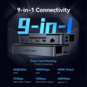 Docking USB Tipo-C para Steam Deck / Switch Vention TPZH0/ 2xHDMI 4K/ 3xUSB/ 1xUSB Tipo-C/ 1xUSB Tipo-C PD/ 1xRJ45/ 1xLector Tarjetas/ Gris