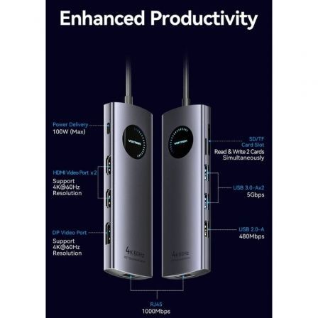 Docking USB Tipo-C Vention TQWHB/ 2xHDMI 4K/ 1xDisplayPort/ 3xUSB/ 1xUSB Tipo-C PD/ 1xRJ45/ 1xLector Tarjetas/ Gris