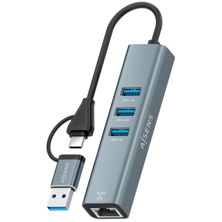Hub USB + USB Tipo-C 3.2 Aisens A109-1033/ 3xUSB/ 1xRJ45/ Gris