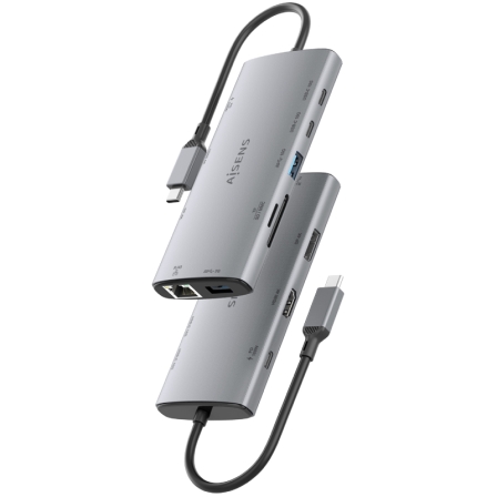 Docking USB Tipo-C Aisens ASUC-10P050-GR/ 1xDisplayPort/ 1xHDMI 4K/ 1xRJ45/ 2xUSB/ 2xUSB Tipo-C/ 1xUSB Tipo-C PD/ 1xLector de Tarjetas/ Gris