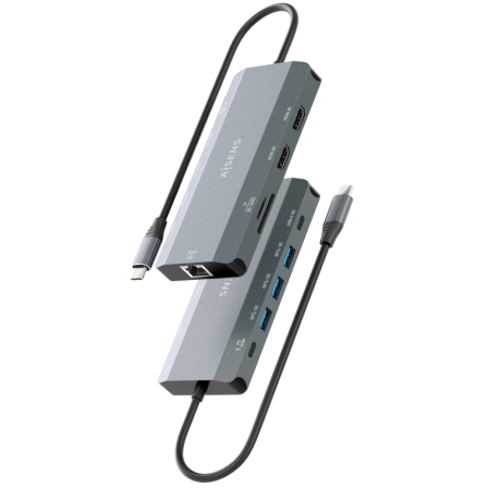 Docking USB Tipo-C Aisens ASUC-10P052-GR/ 2xHDMI 4K/ 1xRJ45/ 3xUSB/ 1xUSB Tipo-C/ 1xUSB Tipo-C PD/ 1xLector de Tarjetas/ Gris