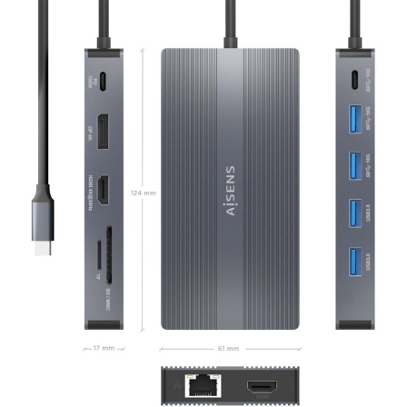 Docking USB Tipo-C Aisens ASUC-12P017-GR/ 2xHDMI 4K/ 4xUSB/ 1xUSB Tipo-C/ 1xRJ45/ 1xDisplayPort/ 1xLector Tarjetas/ 1xUSB Tipo-C PD/ Gris