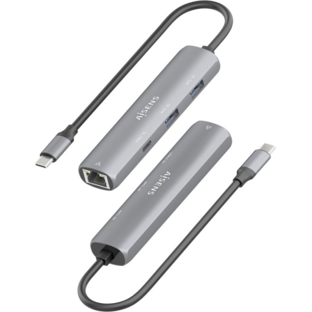 Hub USB Tipo-C Aisens ASUC-4P039-GR/ 1xUSB Tipo-C/ 2xUSB/ 1xRJ45/ Gris