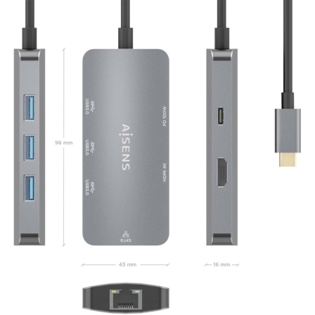 Docking USB Tipo-C Aisens ASUC-6P019-GR/ 1xHDMI 4K/ 3xUSB/ 1xRJ45/ 1xUSB Tipo-C PD/ Gris