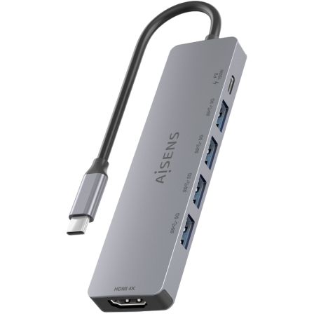 Docking USB Tipo-C Aisens ASUC-6P047-GR/ 1xHDMI 4K/ 4xUSB/ 1xUSB Tipo-C PD/ Gris