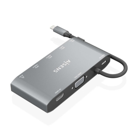 Docking USB Tipo-C Aisens ASUC-8P010-GR/ 1xHDMI 4K/ 1xVGA/ 2xUSB/ 1xRJ45/ 2xUSB Tipo-C/ 1xUSB Tipo-C PD/ Gris