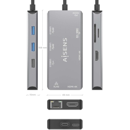 Docking USB Tipo-C Aisens ASUC-9P018-GR/ 2xHDMI 4K/ 3xUSB/ 1xRJ45/ 1xLector Tarjetas/ 1xUSB Tipo-C PD/ Gris