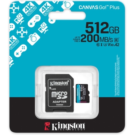 Tarjeta de Memoria Kingston CANVAS Go! Plus 512GB microSD XC con Adaptador/ Clase 10/ 200MBs