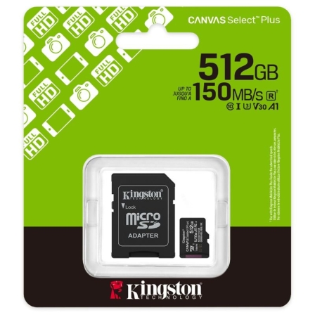 Tarjeta de Memoria Kingston CANVAS Select Plus 512GB microSD XC con Adaptador/ Clase 10/ 150MBs